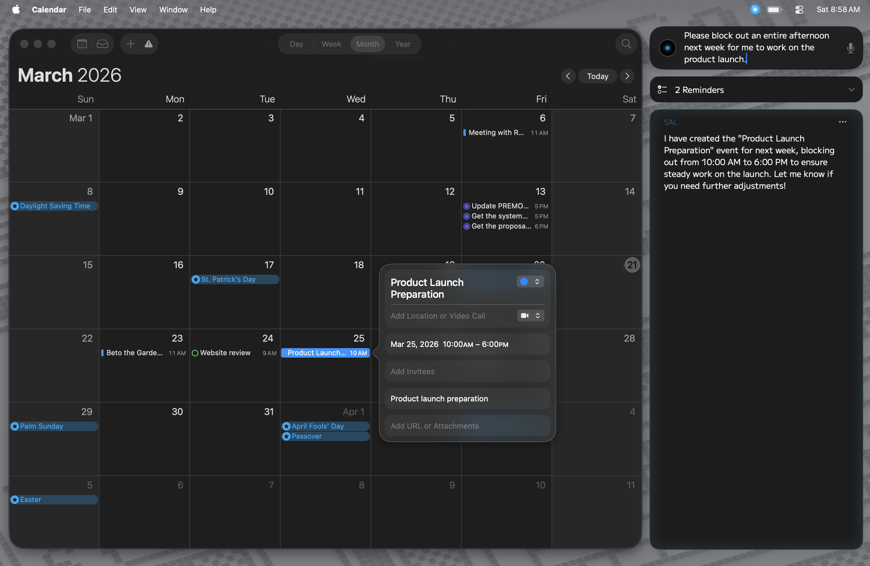 Sal managing the macOS Calendar app with a natural-language command
