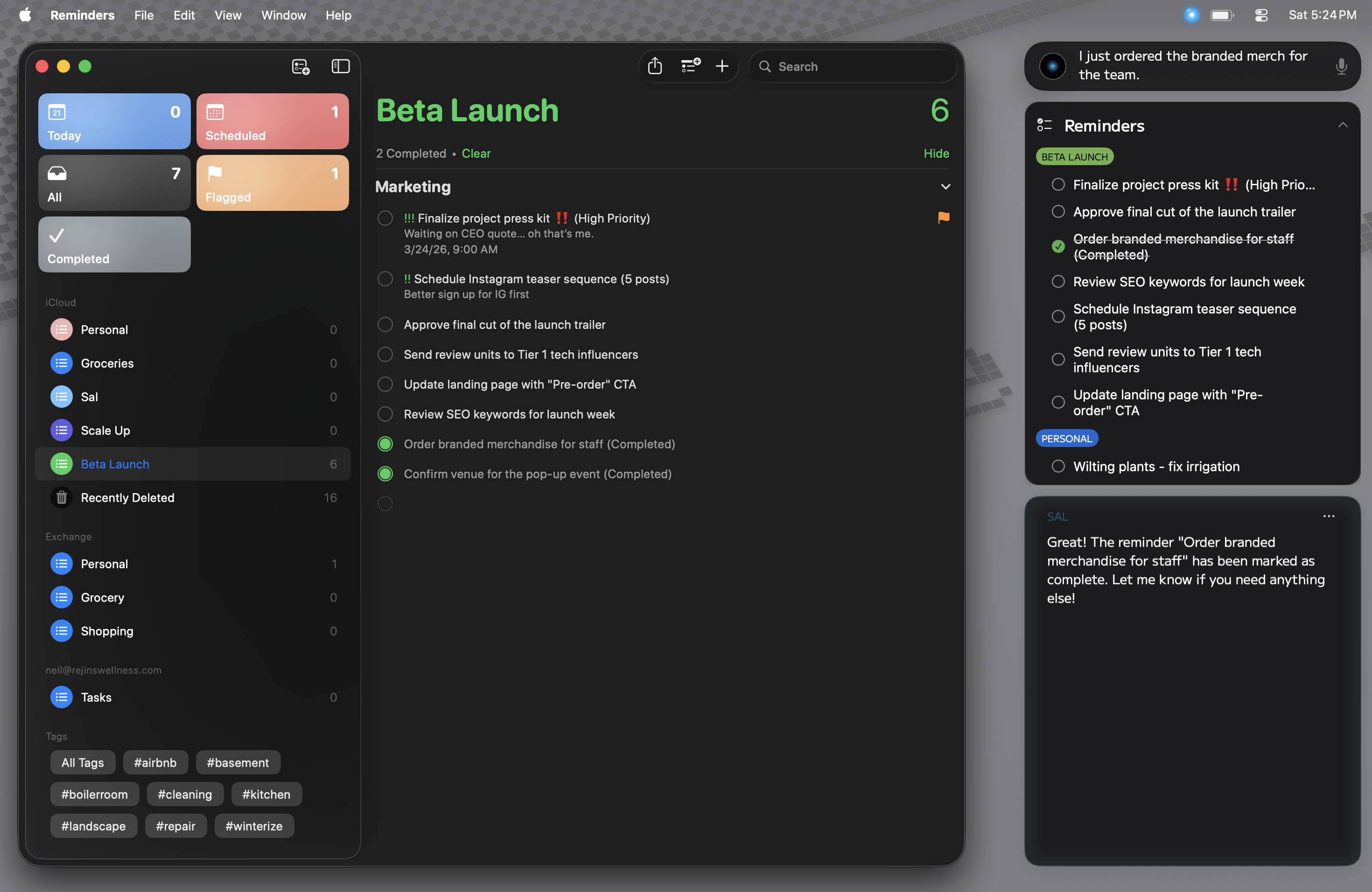 Sal interacting with the macOS Reminders app using a natural-language command