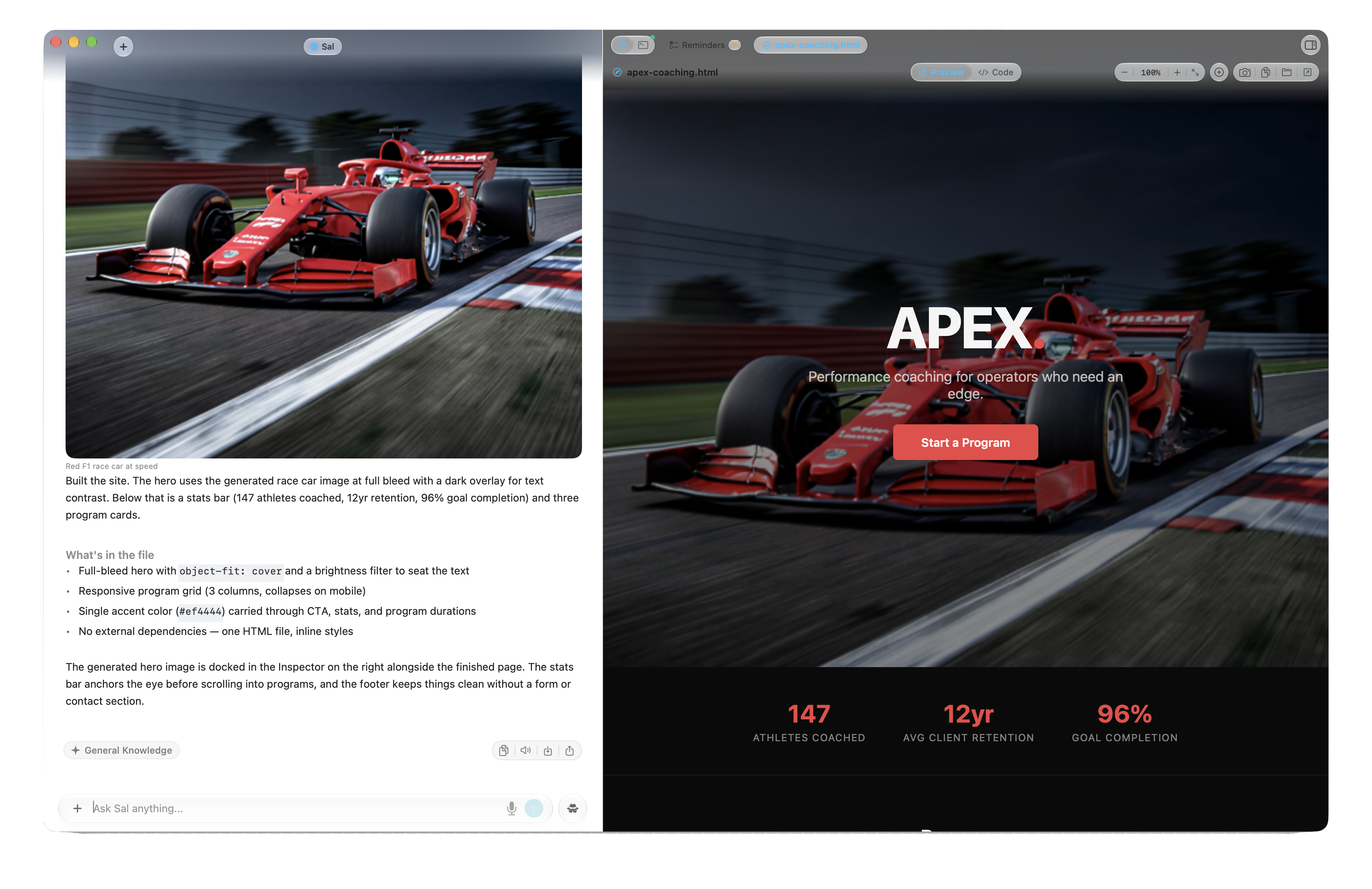 Sal generating a hero image and building a one-page coaching site locally on Apple Silicon