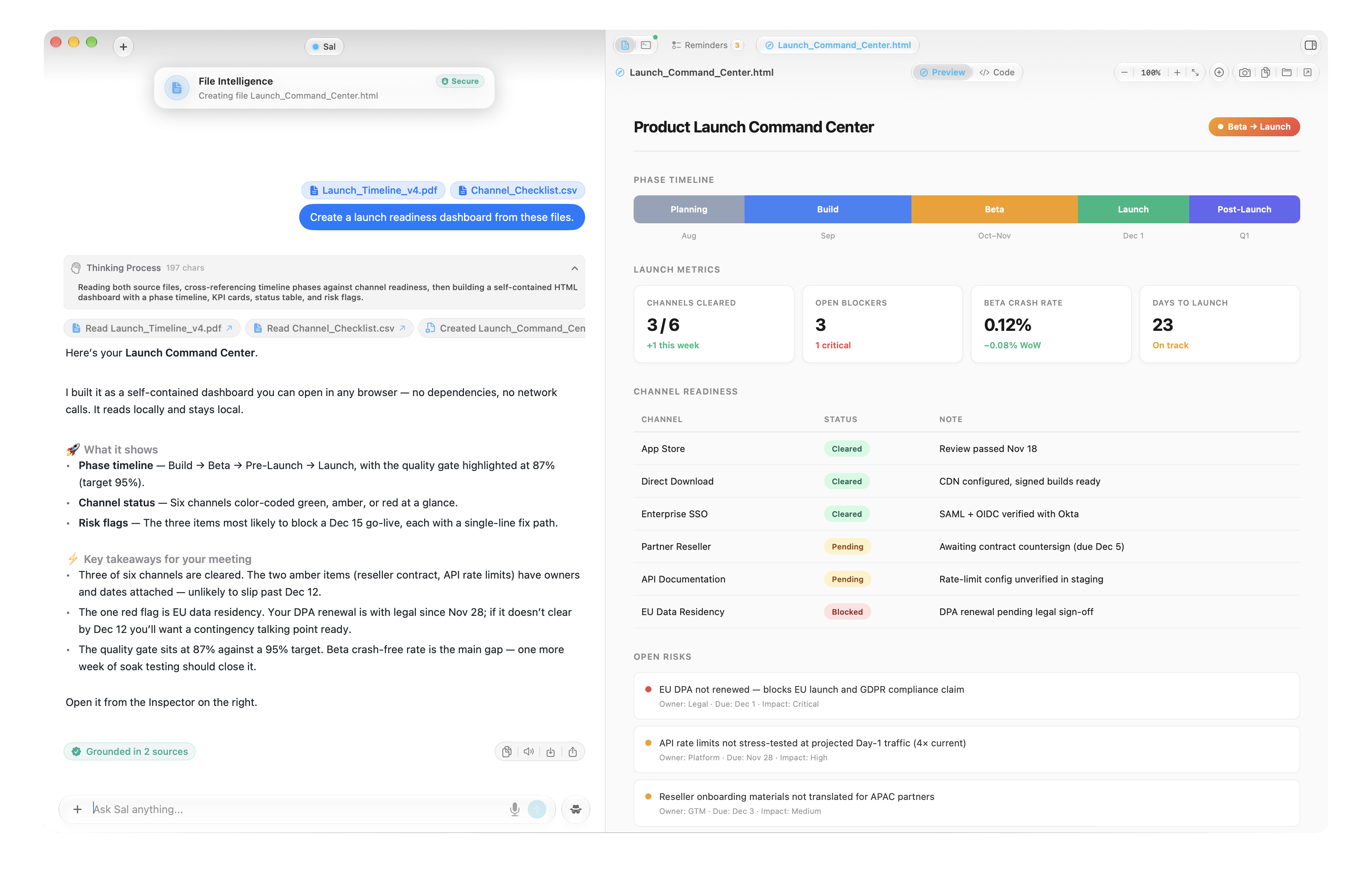 Sal creating a launch readiness dashboard locally on Apple Silicon