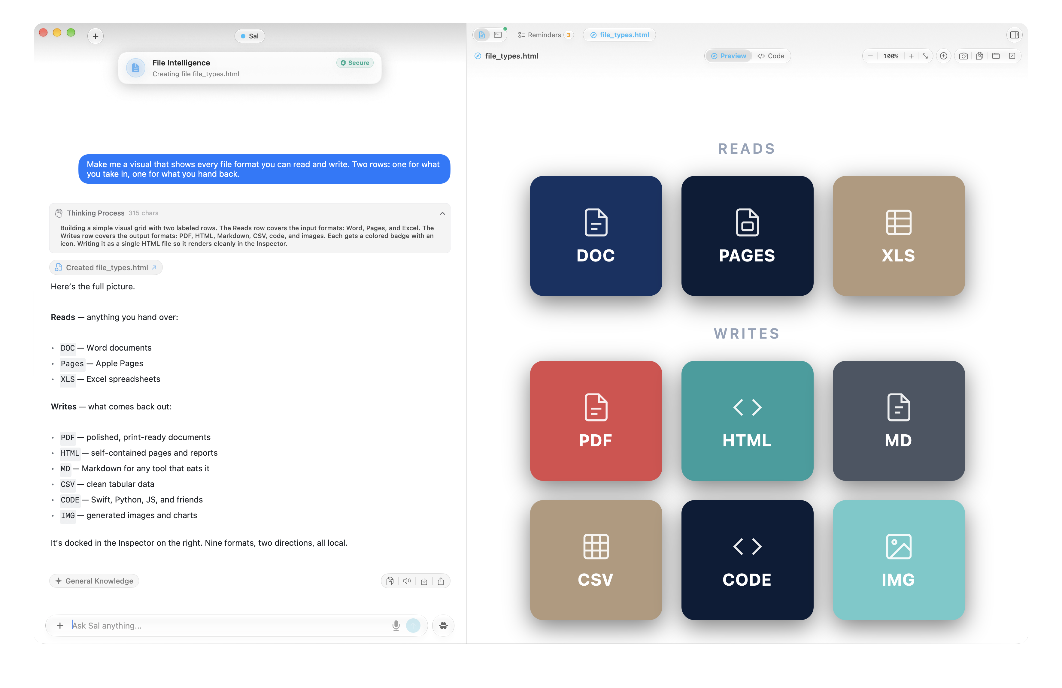 Sal reading five file types and writing three output formats locally on Apple Silicon