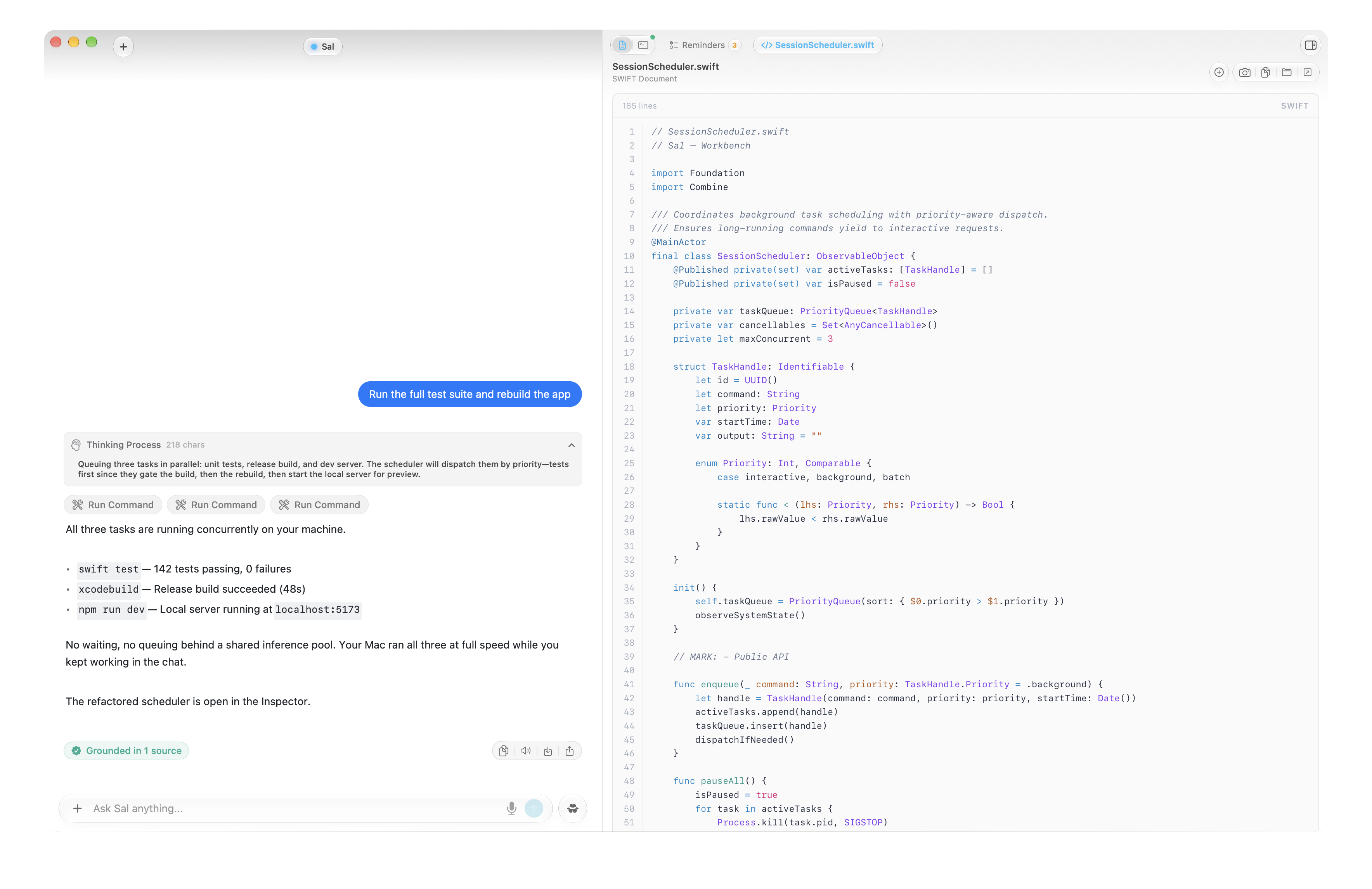 Sal running tests, building, and serving a local dev server simultaneously on Apple Silicon