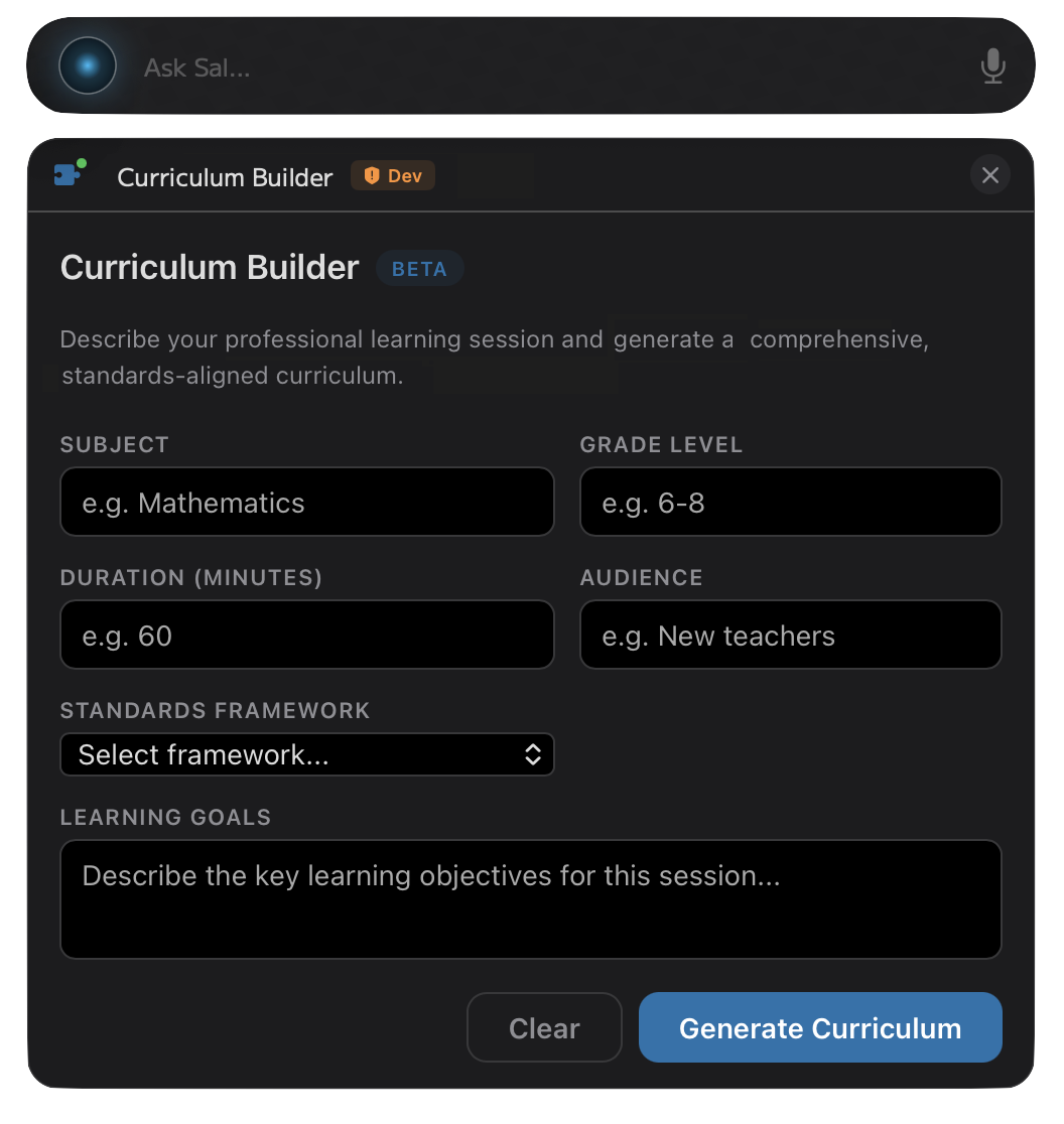 The Curriculum Builder plugin running inside Sal
